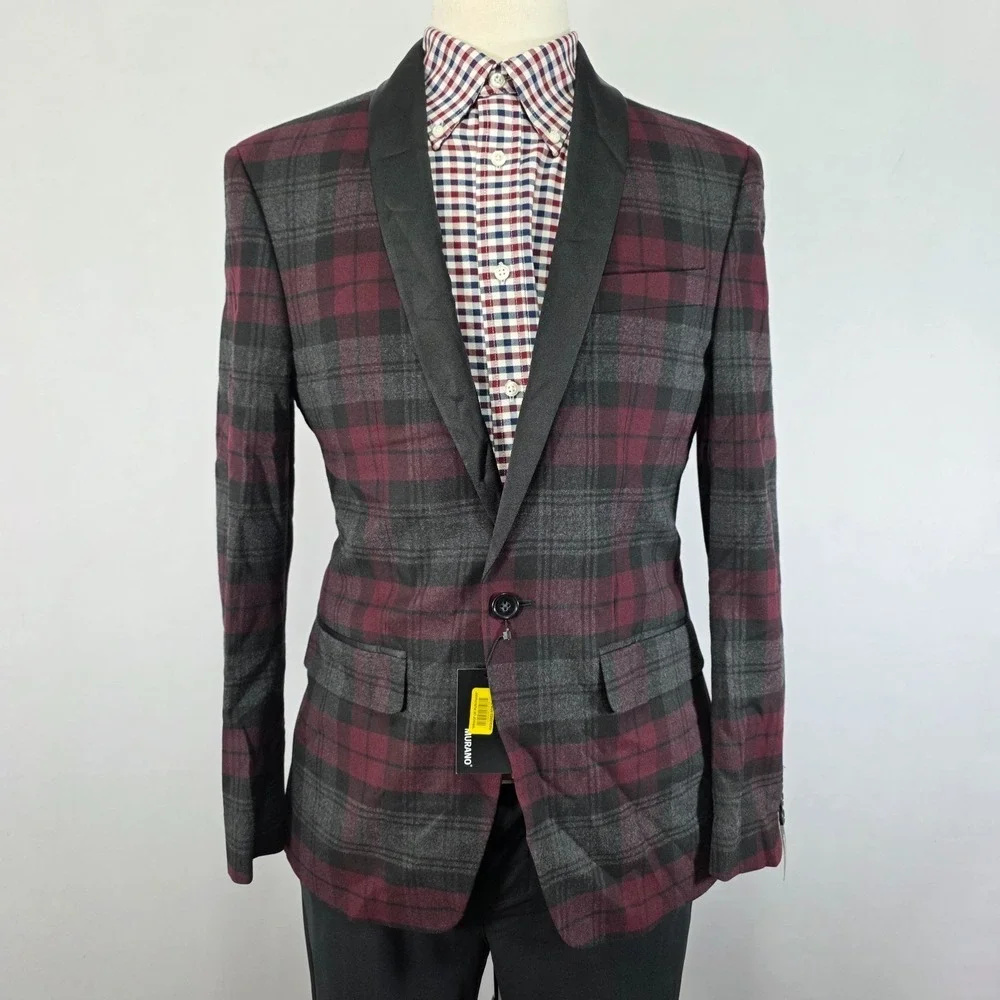 Murano Men's Sport Coat‎ Blazer Single Button Maroon Charcoal Plaid Medium SLIM
